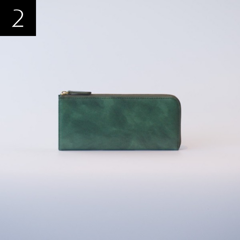 ムラ染めオリーブレザー L字ファスナーマチ付き長財布<br>color：Green